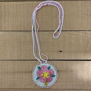 Pink and White Vintage Beaded Native American Flower Necklace